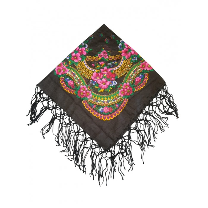 Batic traditional cu ciucuri si flori negru dimensiune 75x75cm