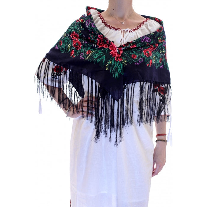 Batic traditional inflorat cu franjuri bleumarin