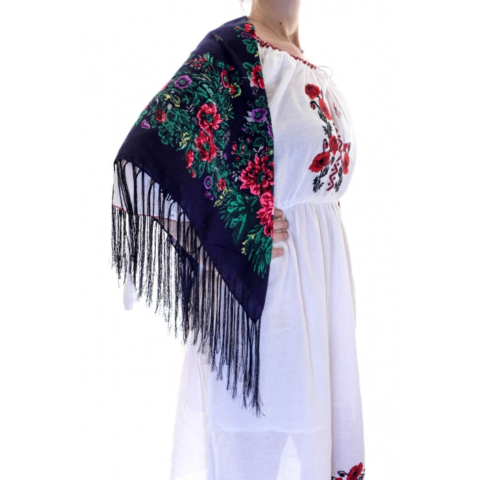 Batic traditional inflorat cu franjuri bleumarin
