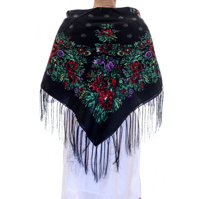 Batic traditional inflorat cu franjuri negru