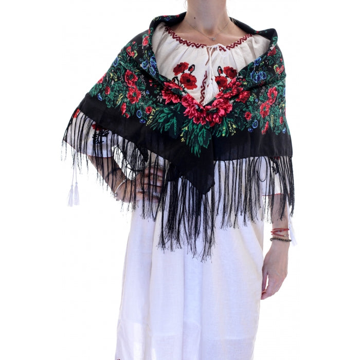 Batic traditional negru inflorat cu franjuri