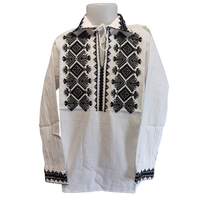 Cămașă Tradițională Băieți cu Guler Clasic și Șiret – Broderie Romboidală Neagră, Bumbac 100% (0-16 ani)