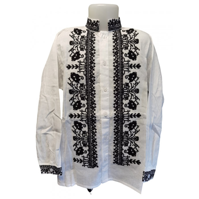 Cămașă Tradițională Băieți cu Guler Tunică și Broderie Neagră – Bumbac 100% (0-16 ani)