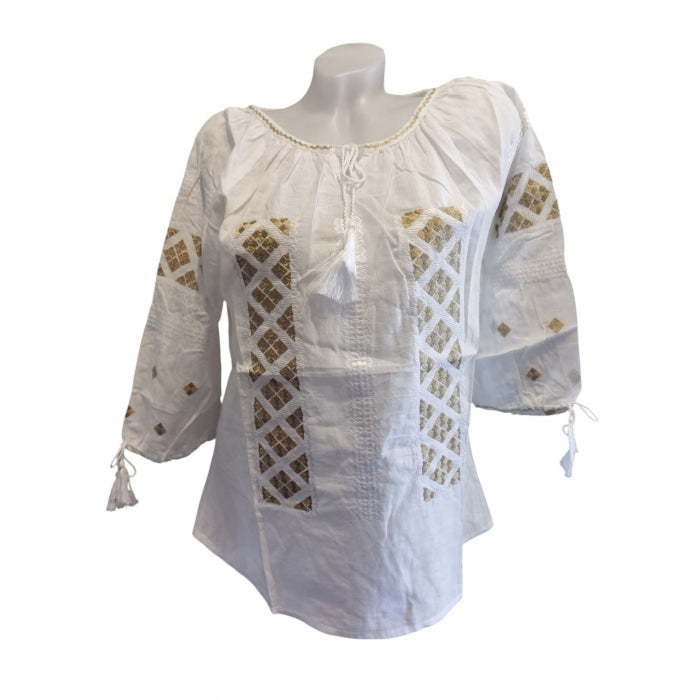 Ie românească tradițională cu broderie bej și mânecă trei sferturi – mărimi S-3XL