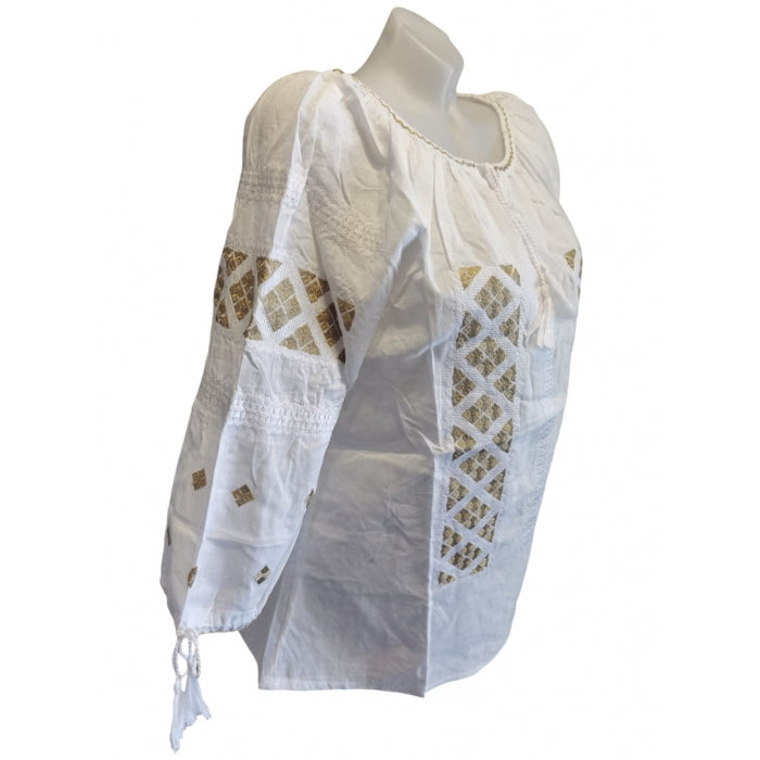 Ie românească tradițională cu broderie bej și mânecă trei sferturi – mărimi S-3XL