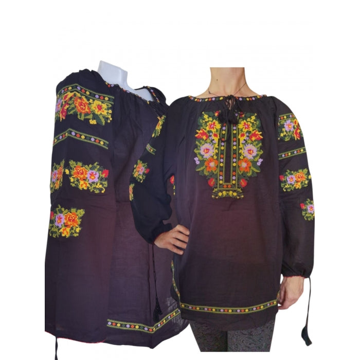 Ie Tradițională Românească Neagră – Broderie cu Motive Florale Multicolore