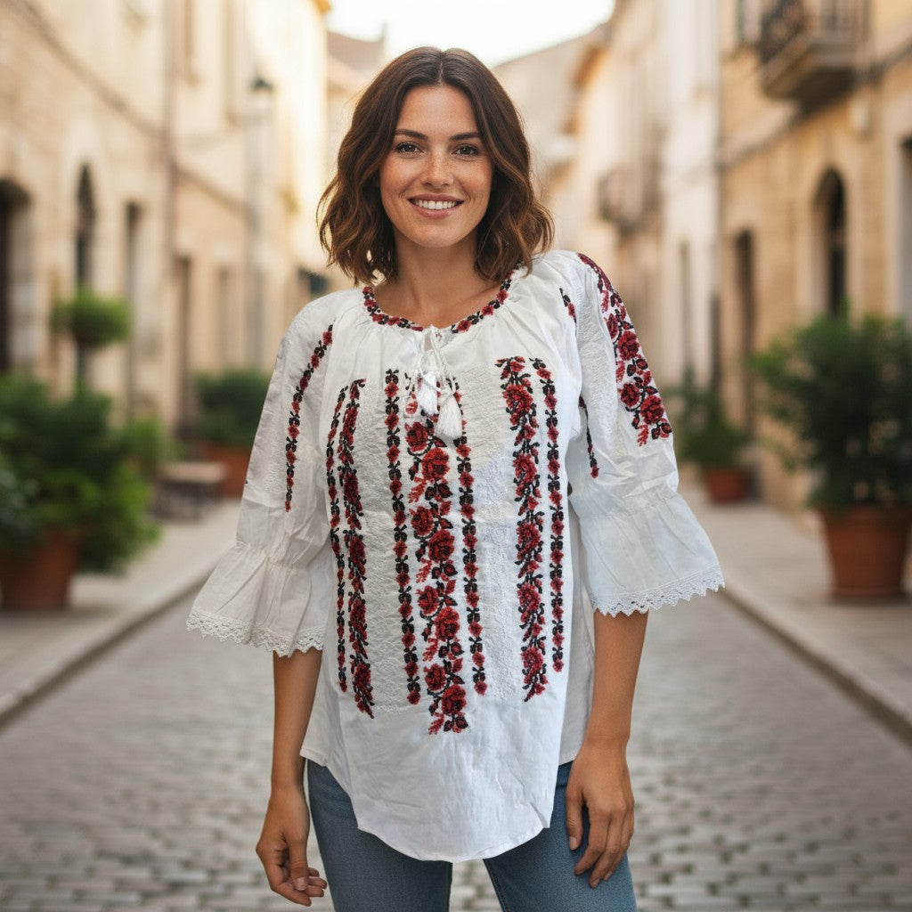 Ie românească tradițională din bumbac, brodată cu motive florale roșu-negru – mărimi S-3XL