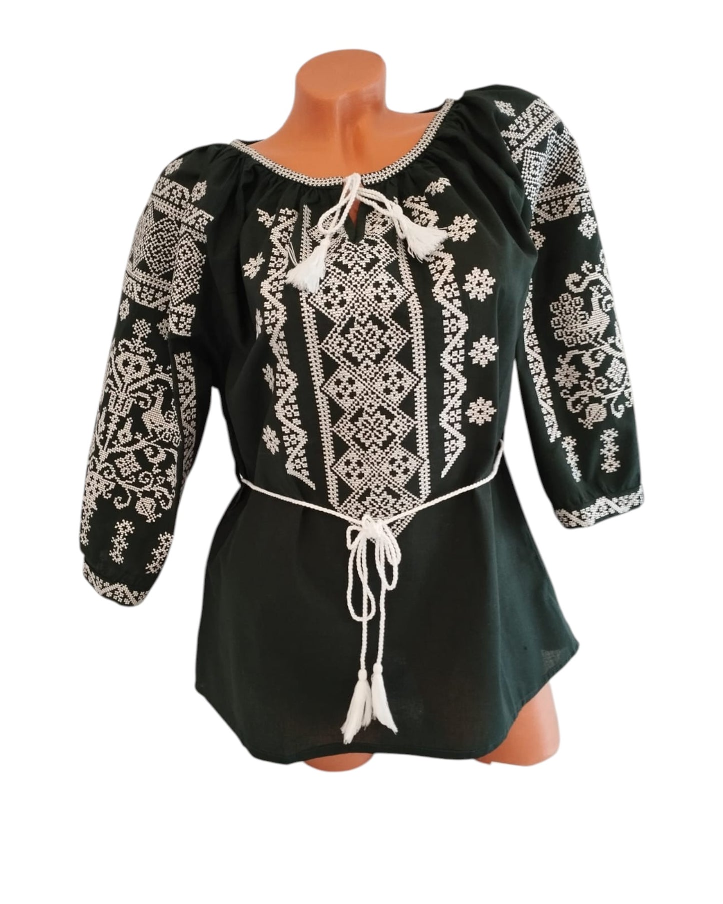 Ie Tradițională Verde cu Broderie Albă – Mărimi S-3XL