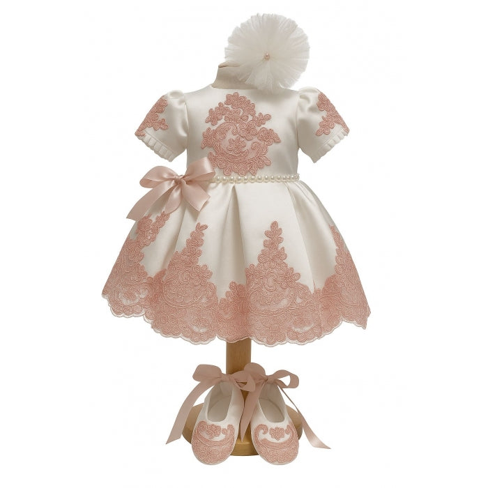 Rochiță de botez fetiță ivory cu broderie roz + botoșei + bentiță | Set elegant 3-9 luni