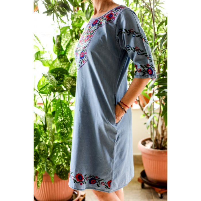 Rochie din denim cu broderie traditionala Adela
