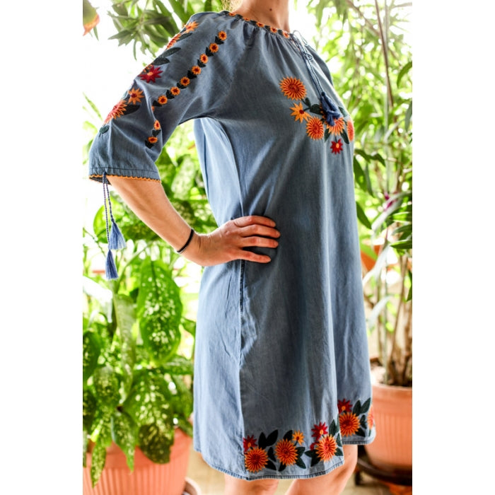 Rochie din denim cu broderie traditionala Anemona