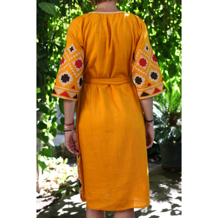 Rochie Traditionala motive geometrice galbena