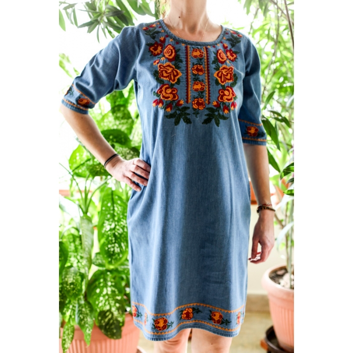 Rochie din denim cu broderie traditionala Andreea