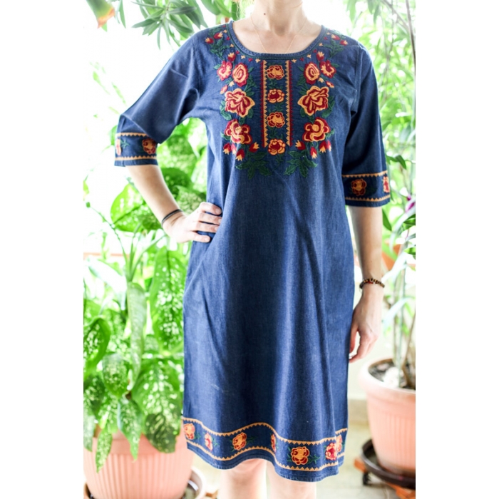 Rochie din denim cu broderie traditionala Andra