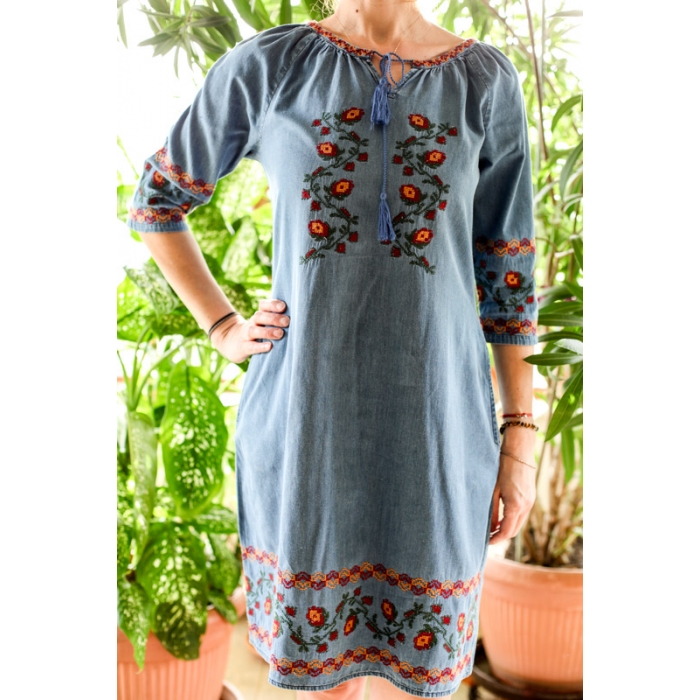 Rochie din denim cu broderie traditionala Aurelia