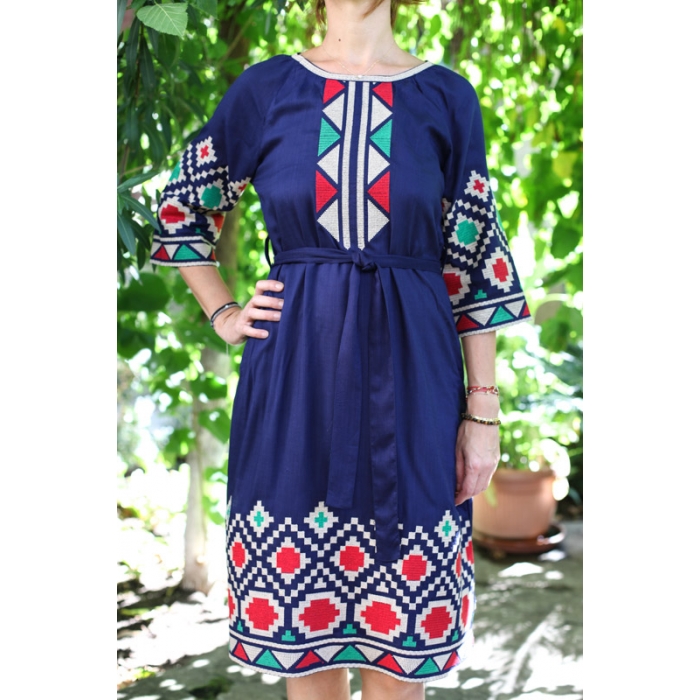 Rochie Traditionala motive geometrice bleumarin