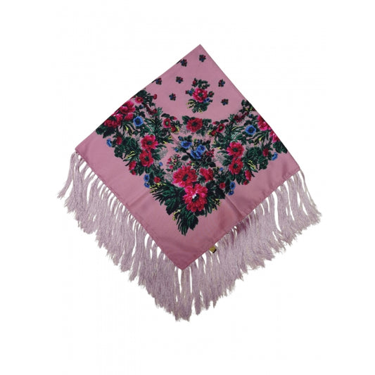 Batic tradițional roz pudră cu franjuri și flori – 98x98 cm
