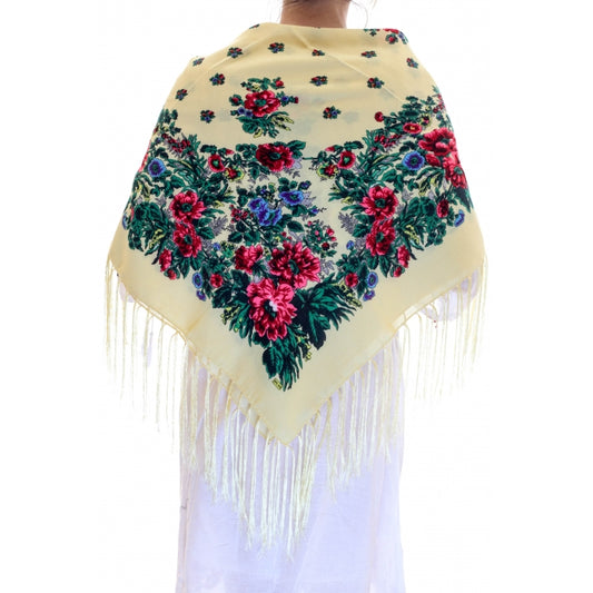 Batic traditional bej inflorat cu franjuri