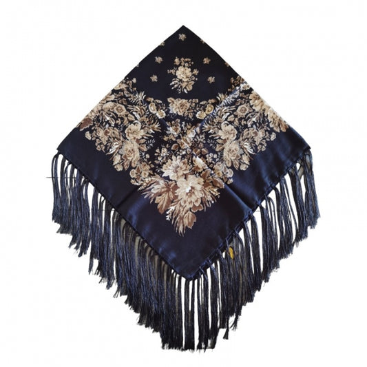 Batic traditional bleumarin cu flori bej si franjuri