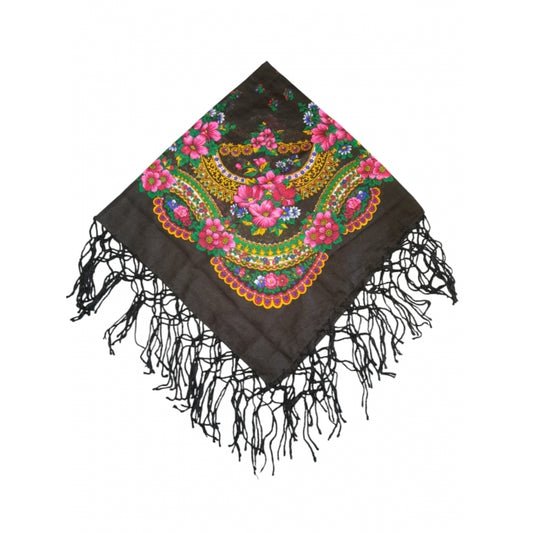 Batic traditional cu ciucuri si flori negru dimensiune 75x75cm