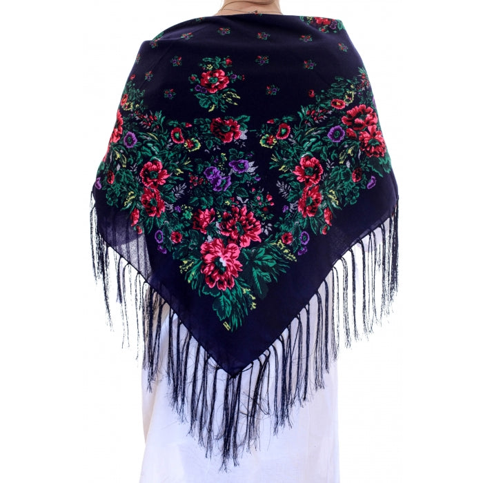 Batic traditional inflorat cu franjuri bleumarin