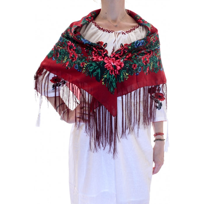 Batic traditional inflorat cu franjuri bordo