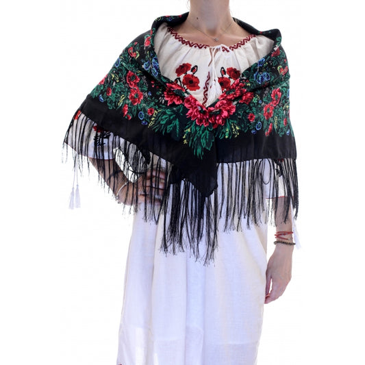 Batic traditional negru inflorat cu franjuri