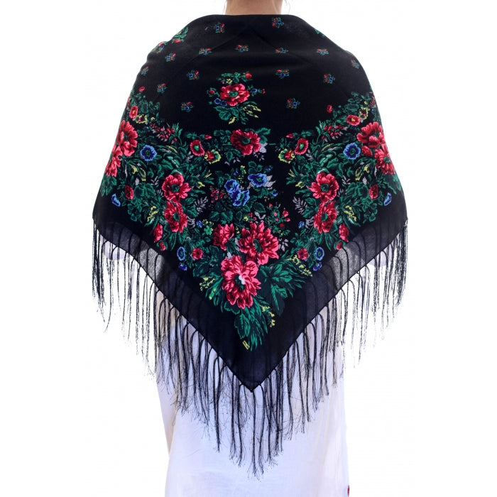 Batic traditional negru inflorat cu franjuri