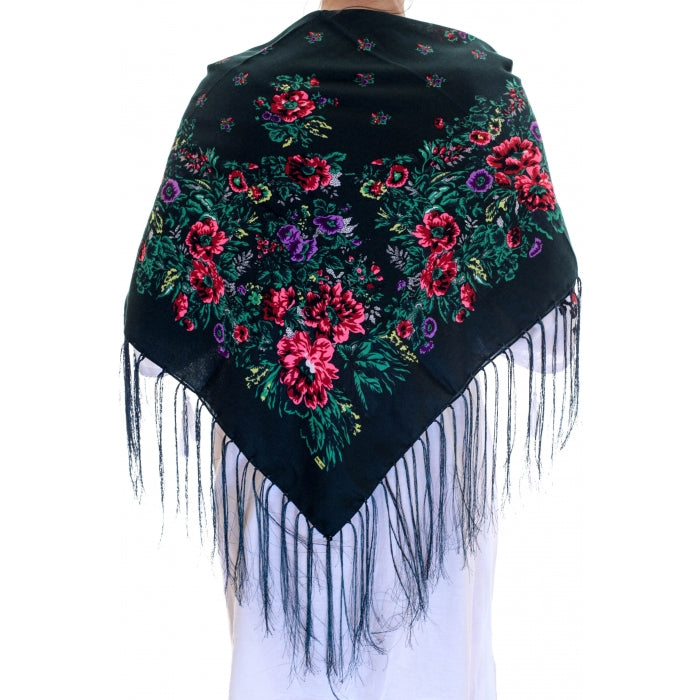 Batic traditional verde inchis inflorat cu franjuri