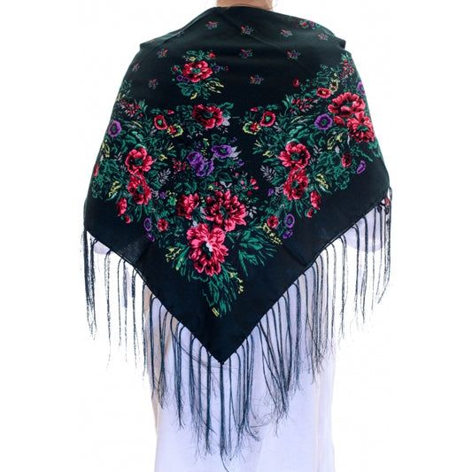Batic traditional verde inchis inflorat cu franjuri