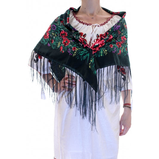 Batic traditional verde inchis inflorat cu franjuri