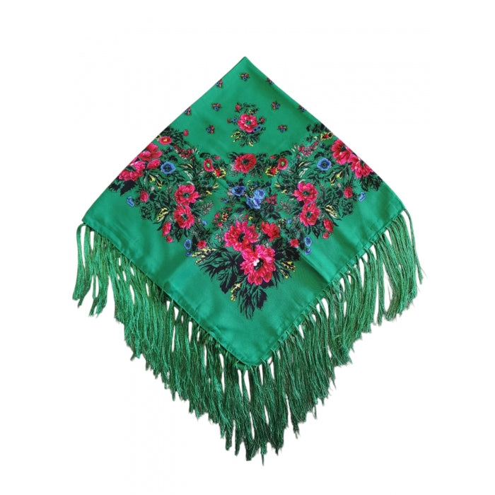 Batic traditional verde inflorat cu franjuri