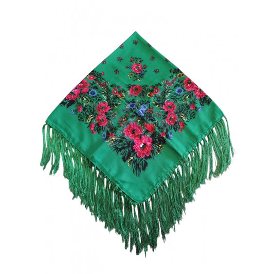 Batic traditional verde inflorat cu franjuri