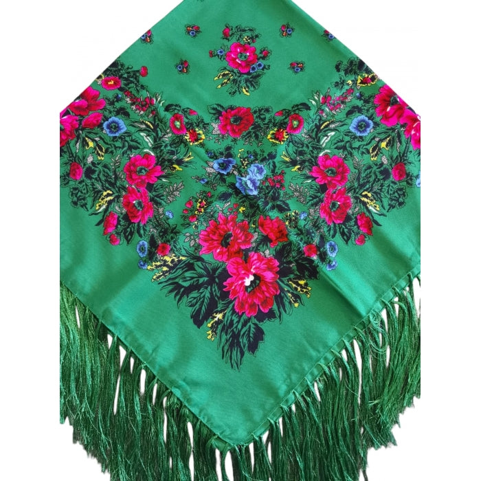 Batic traditional verde inflorat cu franjuri