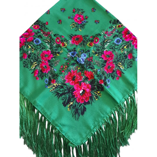 Batic traditional verde inflorat cu franjuri