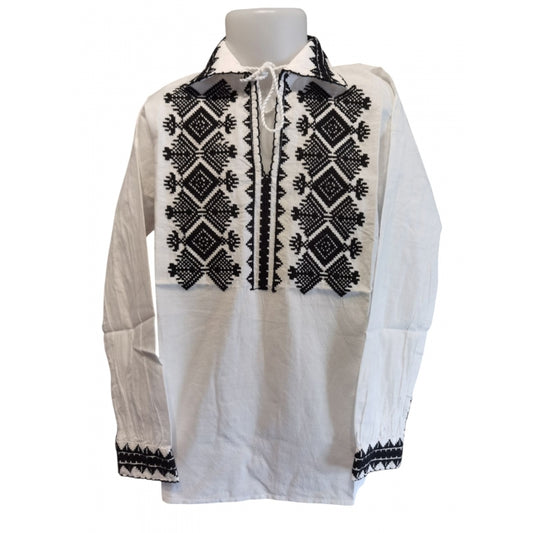 Cămașă Tradițională Băieți cu Guler Clasic și Șiret – Broderie Romboidală Neagră, Bumbac 100% (0-16 ani)