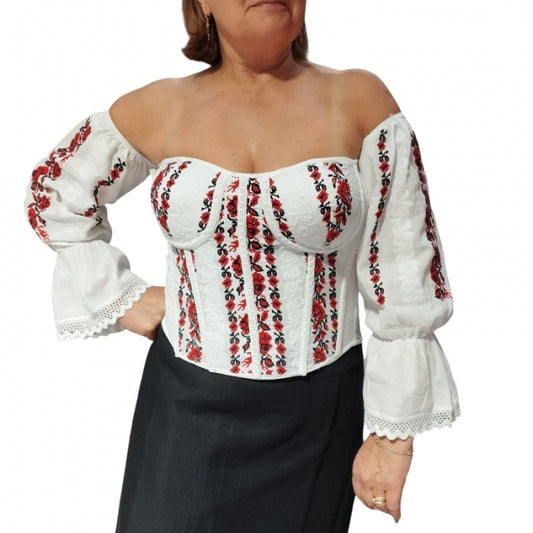 Corset alb cu maneca lunga brodat cu motive traditionale2