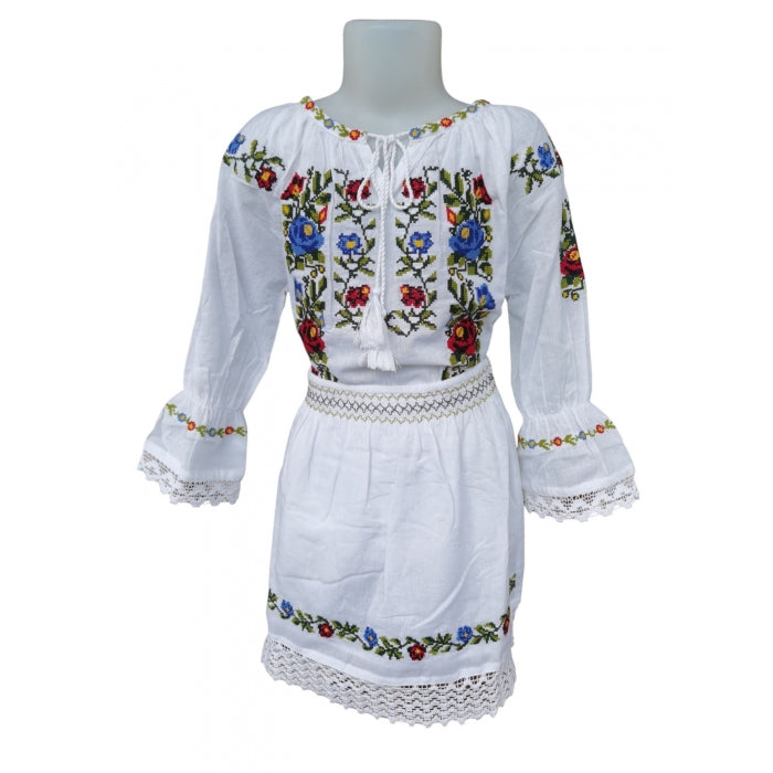 Costum Tradițional Fetiță - Ie Albă cu Broderie și Fustă Asortată, 0-16 Ani- Model Alina
