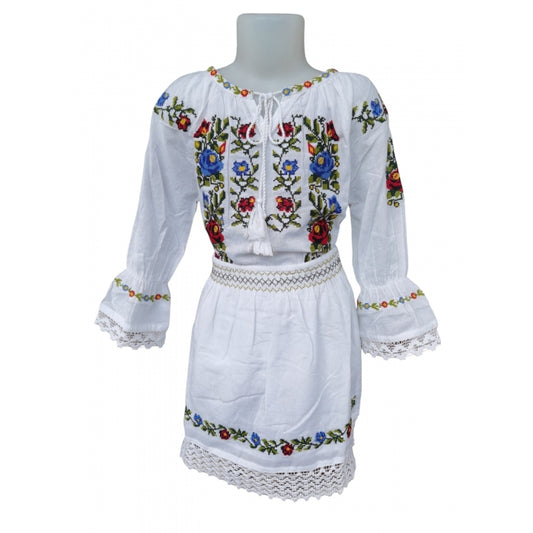 Costum Tradițional Fetiță - Ie Albă cu Broderie și Fustă Asortată, 0-16 Ani- Model Alina