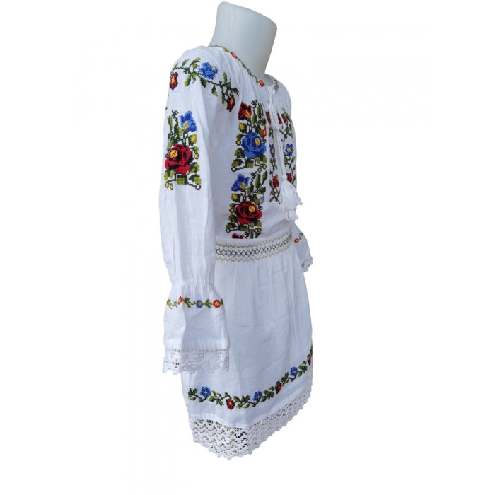Costum Tradițional Fetiță - Ie Albă cu Broderie și Fustă Asortată, 0-16 Ani- Model Alina