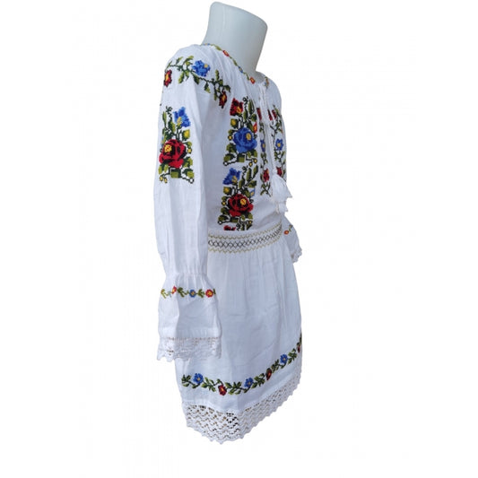 Costum Tradițional Fetiță - Ie Albă cu Broderie și Fustă Asortată, 0-16 Ani- Model Alina