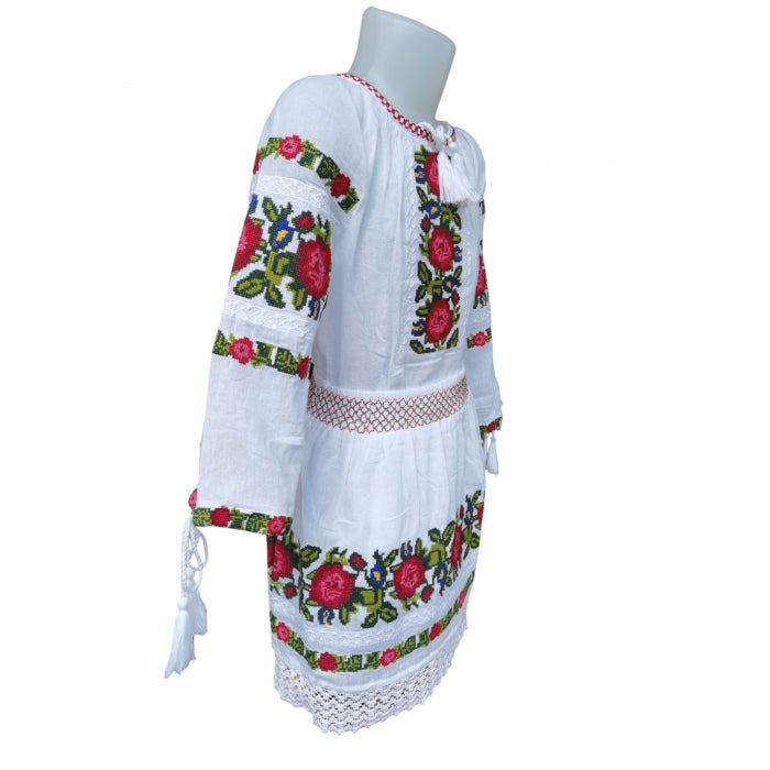 Costum Tradițional Fetiță - Ie Albă cu Broderie și Fustă Asortată, 0-16 Ani