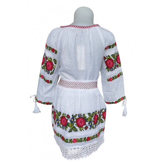 Costum Tradițional Fetiță - Ie Albă cu Broderie și Fustă Asortată, 0-16 Ani