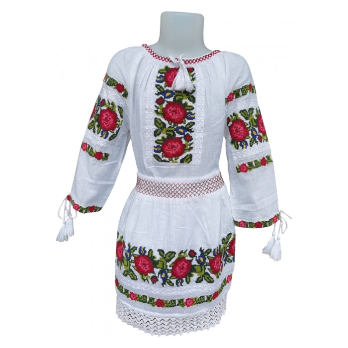 Costum Tradițional Fetiță - Ie Albă cu Broderie și Fustă Asortată, 0-16 Ani