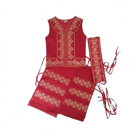 Costum traditional rosu set  cu motive geometrice3