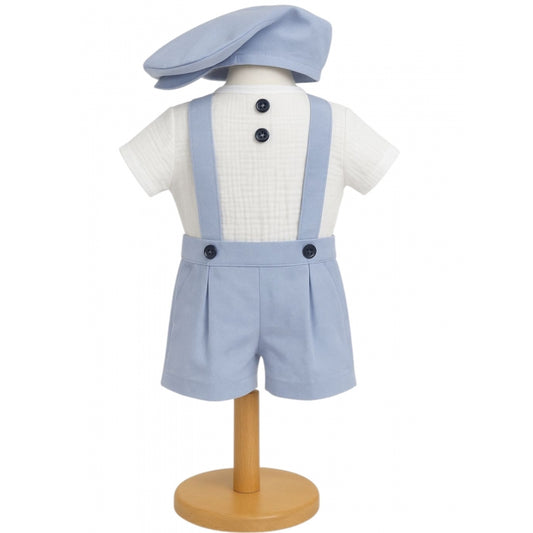 Costumaș vară băieți, 2–12 luni, bretele și șapcă, culori gri, bleu, bej