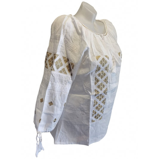 Ie românească tradițională cu broderie bej și mânecă trei sferturi – mărimi S-3XL
