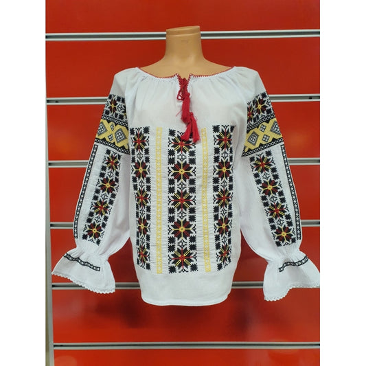 Ie Românească Tradițională cu Broderie la Război – Model Geometric Multicolor, Mărimi L-2XL