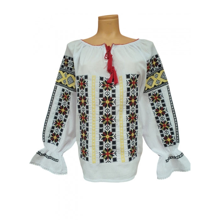 Ie Românească Tradițională cu Broderie la Război – Model Geometric Multicolor, Mărimi L-2XL