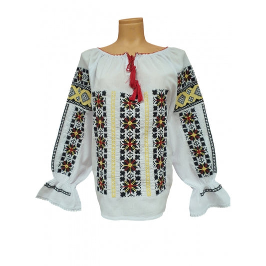 Ie Românească Tradițională cu Broderie la Război – Model Geometric Multicolor, Mărimi L-2XL